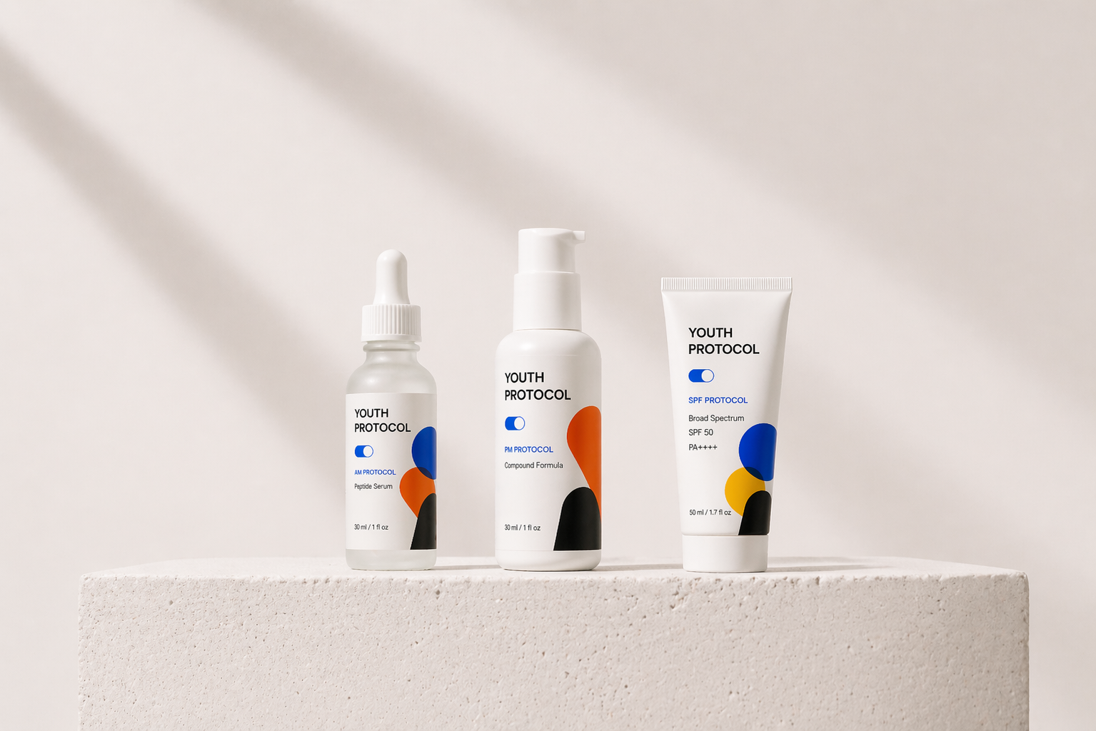 Skin Protocol — AM, PM, SPF bottles on travertine